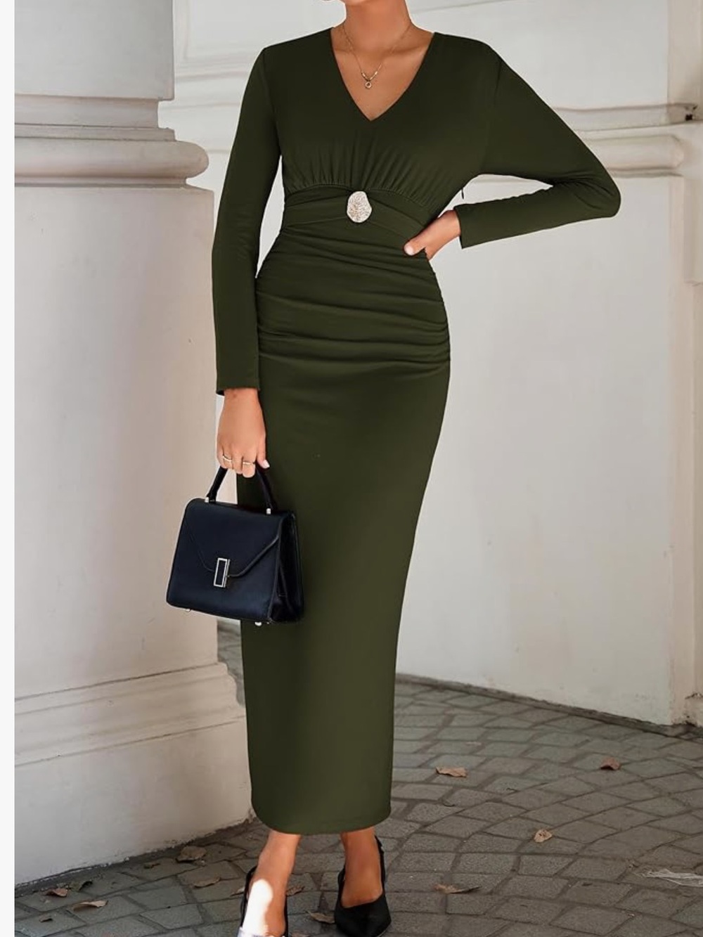 Olive Green Long Sleeve V-Neck Ruched Midi Dress - Picture 1 of 2
